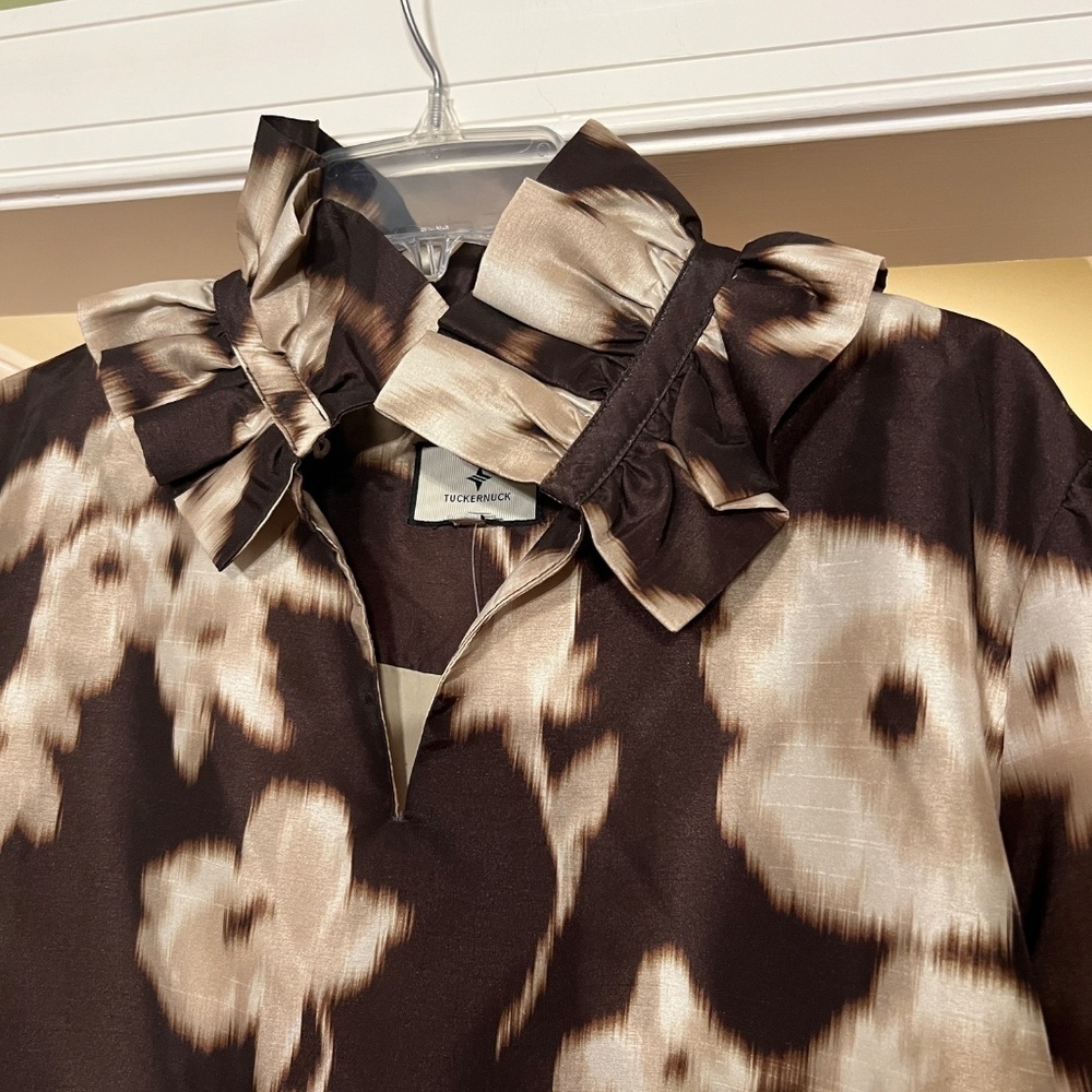 NWOT Tuckernuck Bouvier Ruffle Neck Brown Tan Print Top Blouse Shirt Size XXL - Picture 5 of 5